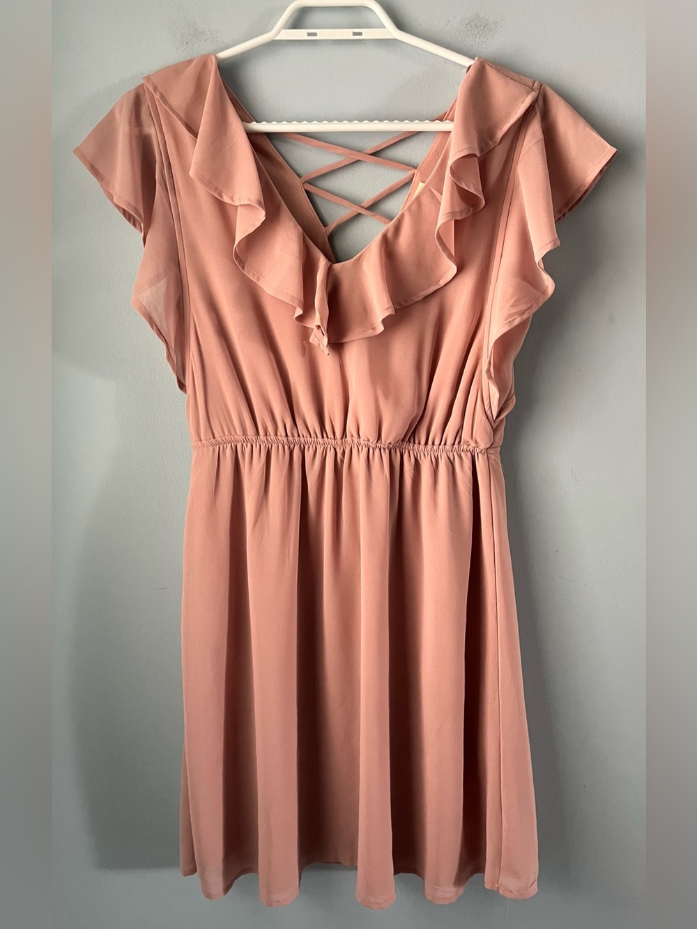 Monteau LA Blush Pink Ruffle V-Neck Criss-Cross Flowy Mini Dress Size S